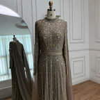 Modest Luxury Caramel Beaded Long Sleeve Evening Dress CLA72569A