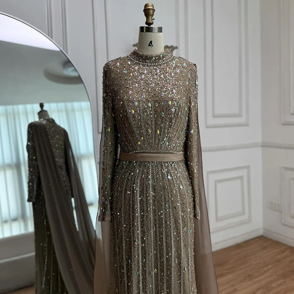 Modest Luxury Caramel Beaded Long Sleeve Evening Dress CLA72569A