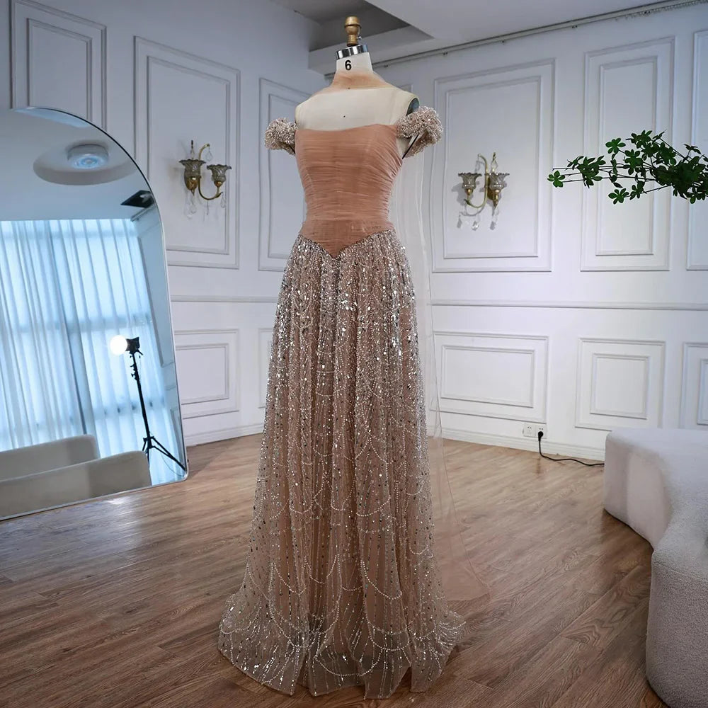 Simple Arabic Pink Pearls Beaded Evening Dress With Shawl CLA72922