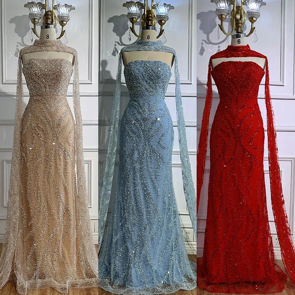 Luxury Nude Beaded Evening Dress with Cape Sleeves CLA72824