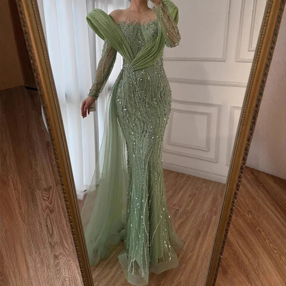 Arabic Luxury Elegant Sage Green Beaded Long Sleeves Evening Dress CLA72928