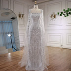 Luxury White Dubai Arabia Beaded Evening Dress With Cape CLA72870