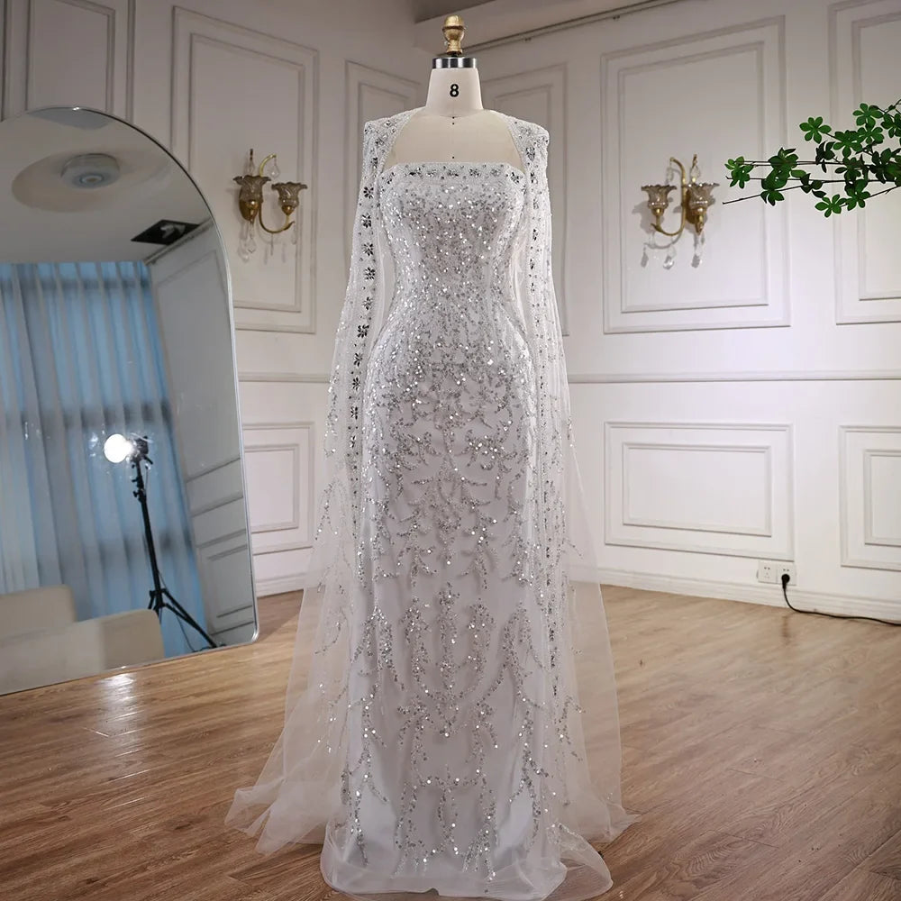 Luxury White Dubai Arabia Beaded Evening Dress With Cape CLA72870