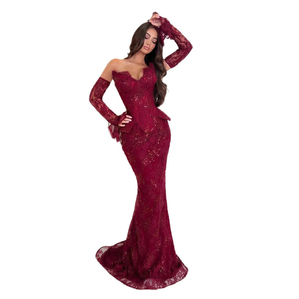 Luxury Burgundy Lace Beaded Mermaid Evening Dress CLA73341