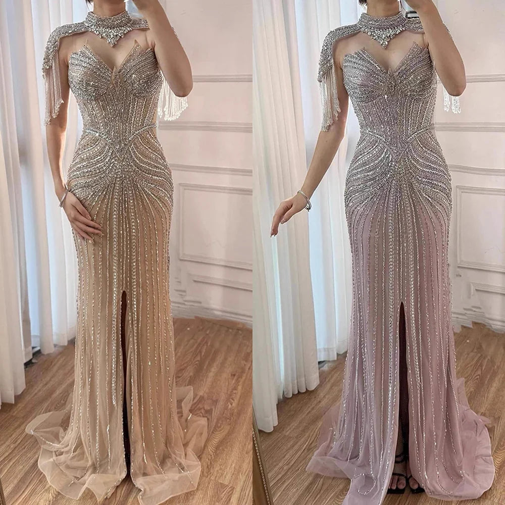 Arabic Luxury Beaded Mermaid Evening Dress With Detachable Tassels Cape CLA72891A