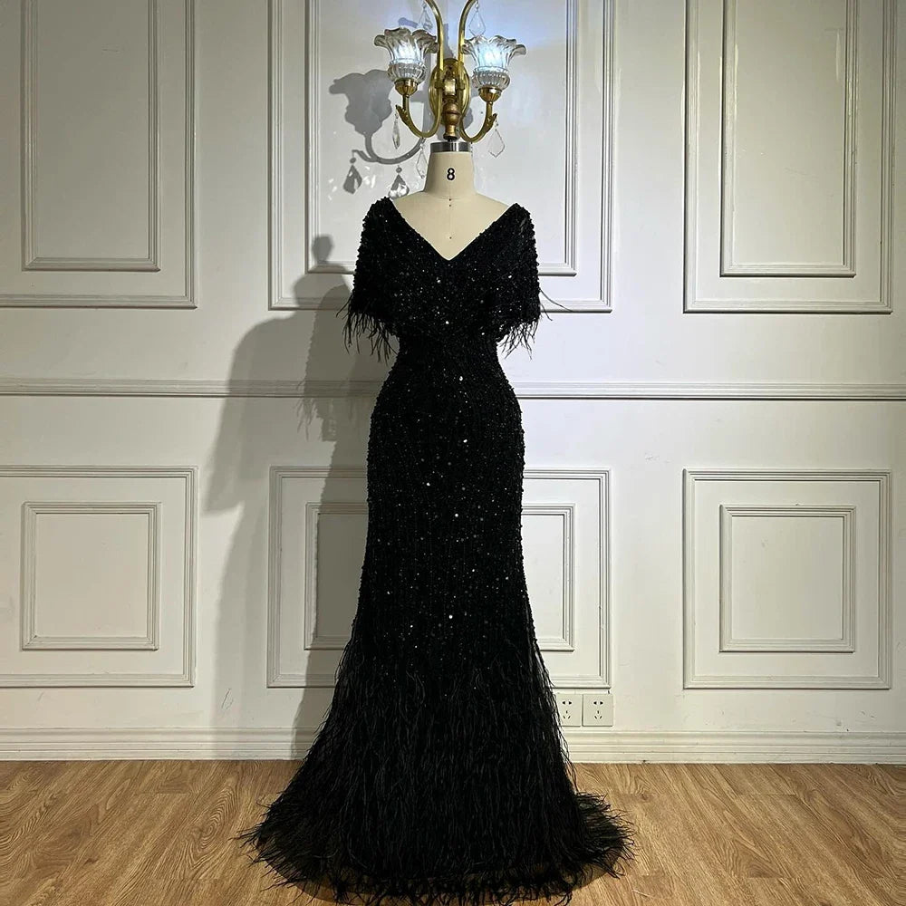 Arabic Pearls Beaded Feathers Mermaid Evening Dress Elegant For Women Wedding Party CLA72837
