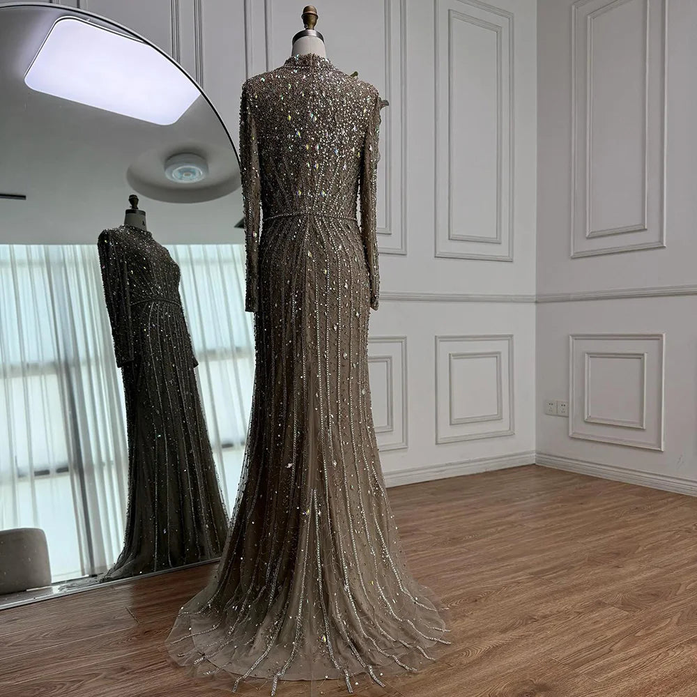 Modest Luxury Caramel Beaded Long Sleeve Evening Dress CLA72569A