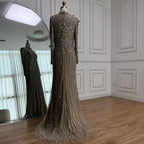 Modest Luxury Caramel Beaded Long Sleeve Evening Dress CLA72569A