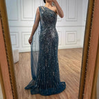 Luxury Black One Shoulder Mermaid Evening Dress with High Slit CLA72829