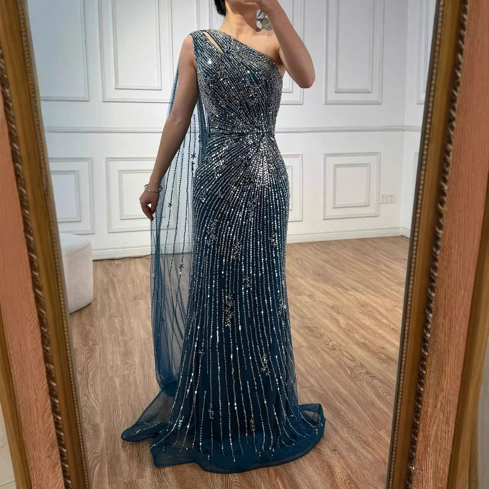 Luxury Black One Shoulder Mermaid Evening Dress with High Slit CLA72829