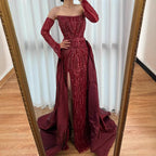 Luxury Burgundy Beaded Overskirt Evening Dress Gown With Gloves CLA72935