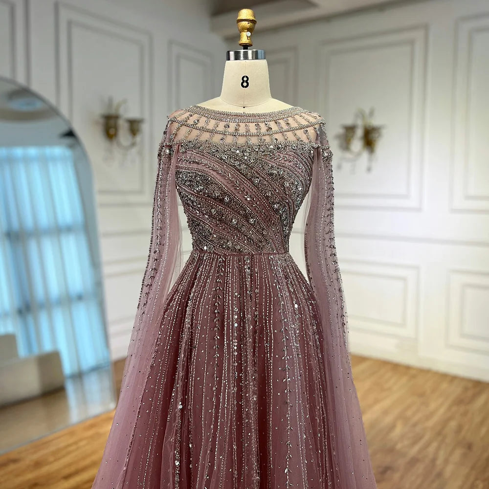 Luxury Beaded A-Line Cape Sleeves Round Neck Modest Evening Dress CLA72994