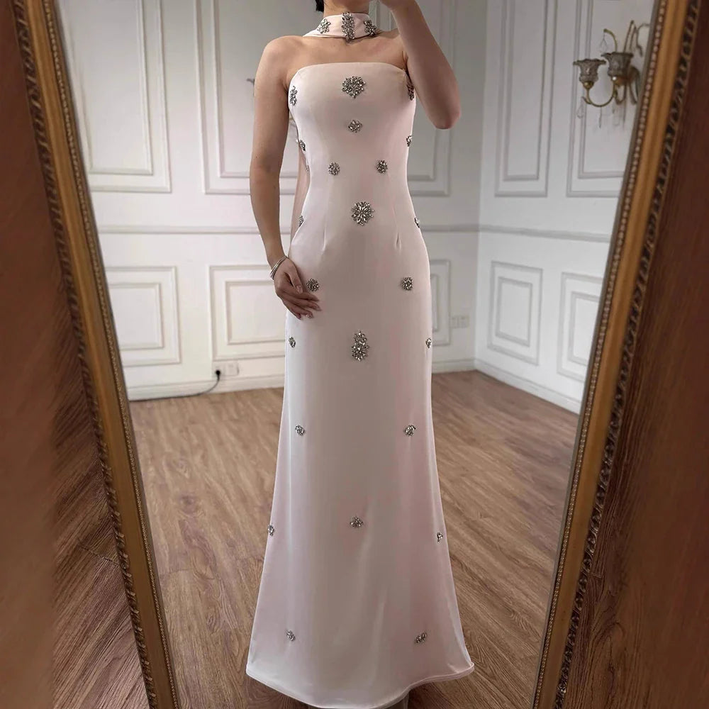 Arabic Simple Beaded Mermaid Strapless Evening Dress With Scarf Women Occasion Gown CLA73100