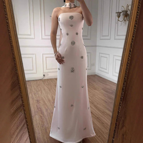Arabic Simple Beaded Mermaid Strapless Evening Dress With Scarf Women Occasion Gown CLA73100