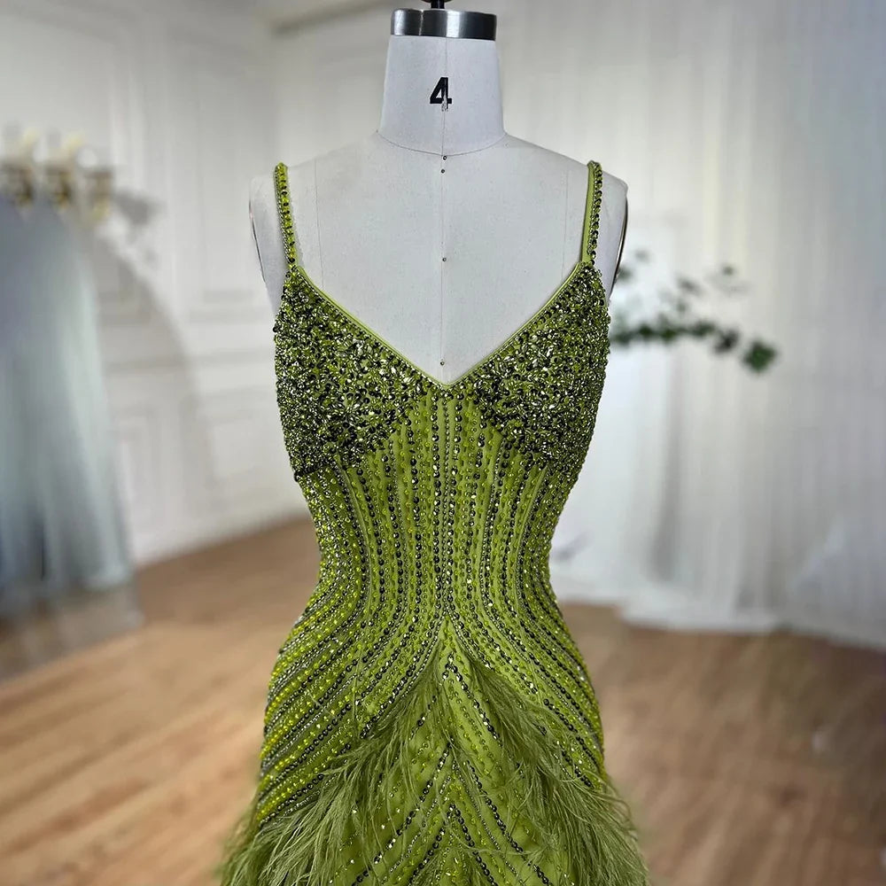 Arabic Mustard Yellow Luxury Beaded Feathers Mermaid Ankle LengthEvening Dress CLA72055