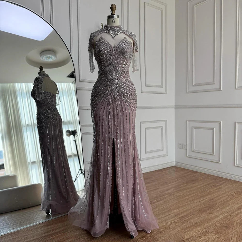 Arabic Luxury Beaded Mermaid Evening Dress With Detachable Tassels Cape CLA72891A