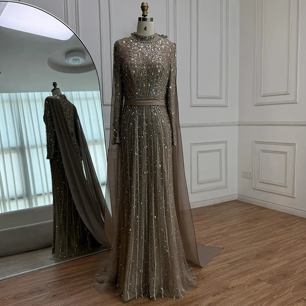 Modest Luxury Caramel Beaded Long Sleeve Evening Dress CLA72569A