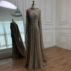 Modest Luxury Caramel Beaded Long Sleeve Evening Dress CLA72569A