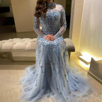 Luxury Dubai Designer Modest A-Line Blue Lace Beaded Evening Dresses CLA72704