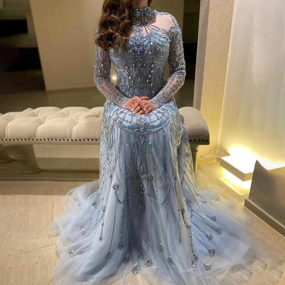 Luxury Dubai Designer Modest A-Line Blue Lace Beaded Evening Dresses CLA72704