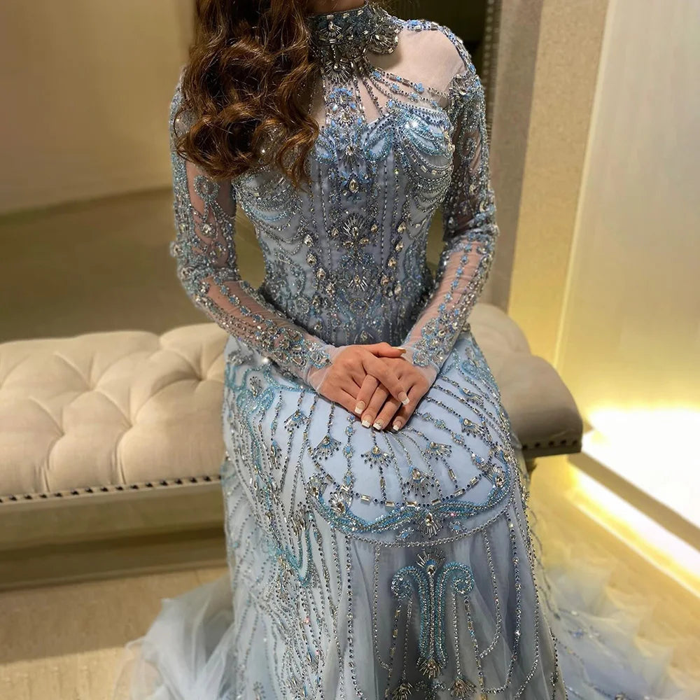 Luxury Dubai Designer Modest A-Line Blue Lace Beaded Evening Dresses CLA72704