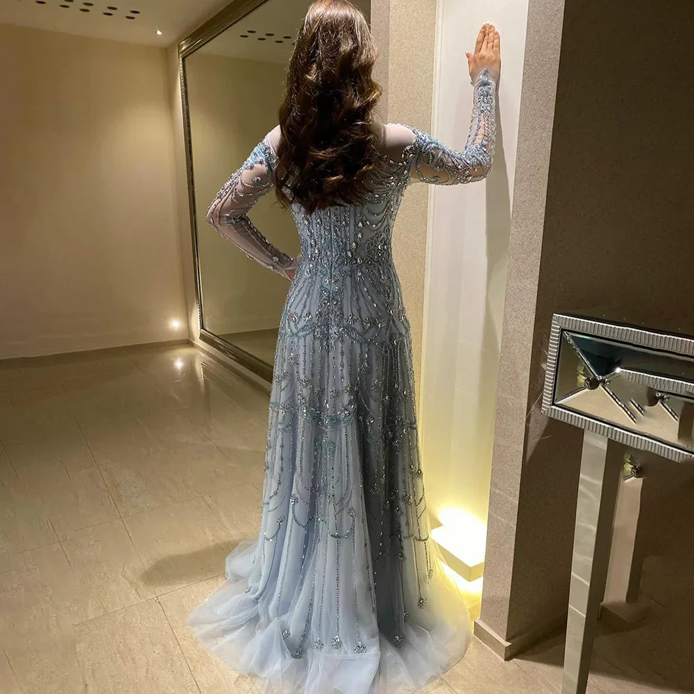 Luxury Dubai Designer Modest A-Line Blue Lace Beaded Evening Dresses CLA72704