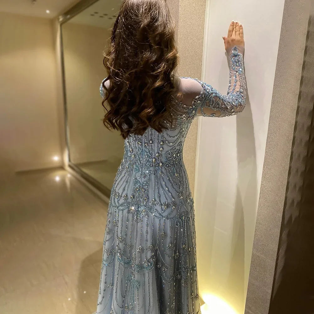 Luxury Dubai Designer Modest A-Line Blue Lace Beaded Evening Dresses CLA72704