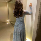 Luxury Dubai Designer Modest A-Line Blue Lace Beaded Evening Dresses CLA72704