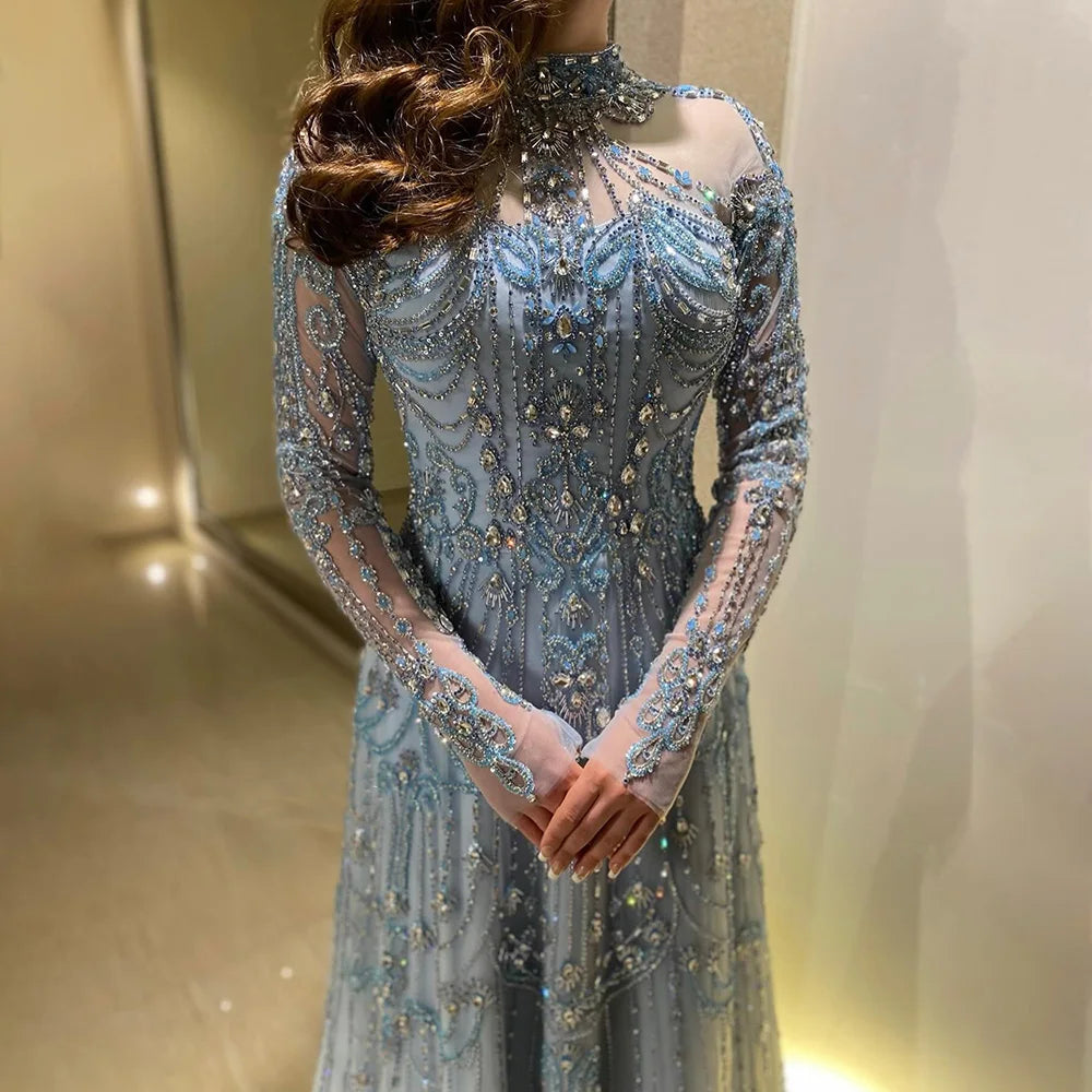 Luxury Dubai Designer Modest A-Line Blue Lace Beaded Evening Dresses CLA72704
