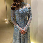 Luxury Dubai Designer Modest A-Line Blue Lace Beaded Evening Dresses CLA72704