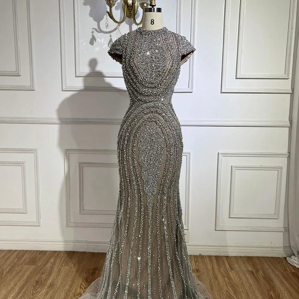 Luxury Designer Dubai Silver Nude Arabic Evening Dresses CLA72344
