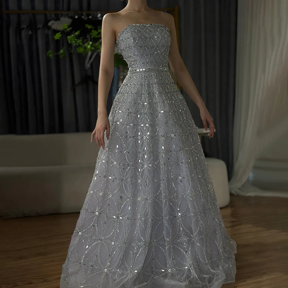 Luxury Dubai Arabic Gray A-Line Elegant Beaded Strapless Evening Dresses Gowns For Formal Occasion CLA72755