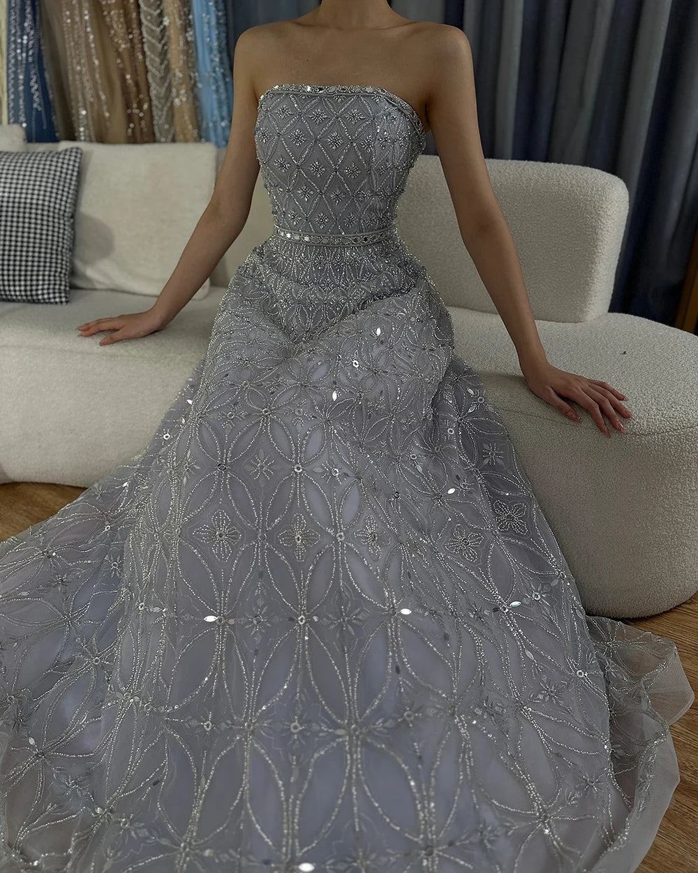 Luxury Dubai Arabic Gray A-Line Elegant Beaded Strapless Evening Dresses Gowns For Formal Occasion CLA72755