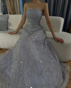 Luxury Dubai Arabic Gray A-Line Elegant Beaded Strapless Evening Dresses Gowns For Formal Occasion CLA72755
