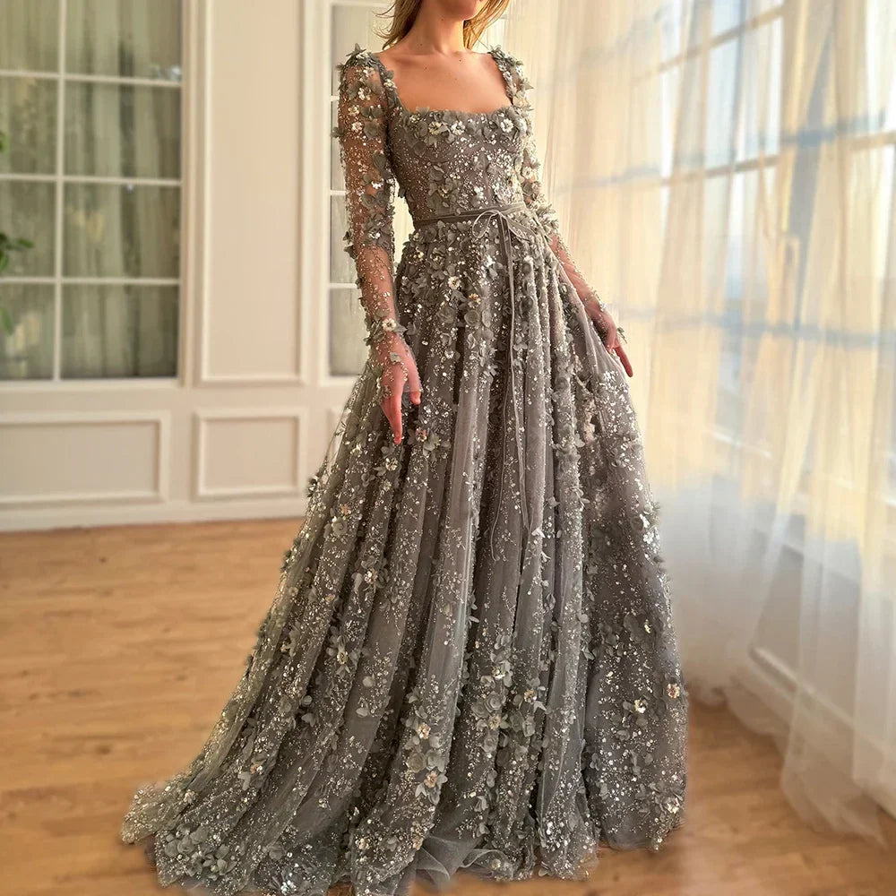 Arabic Simple Style Floral Square Neck Long Sleeves A-Line Evening Dress Women Wedding Party Gown CLA72657