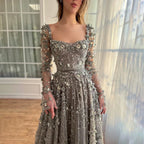 Arabic Simple Style Floral Square Neck Long Sleeves A-Line Evening Dress Women Wedding Party Gown CLA72657