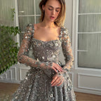 Arabic Simple Style Floral Square Neck Long Sleeves A-Line Evening Dress Women Wedding Party Gown CLA72657