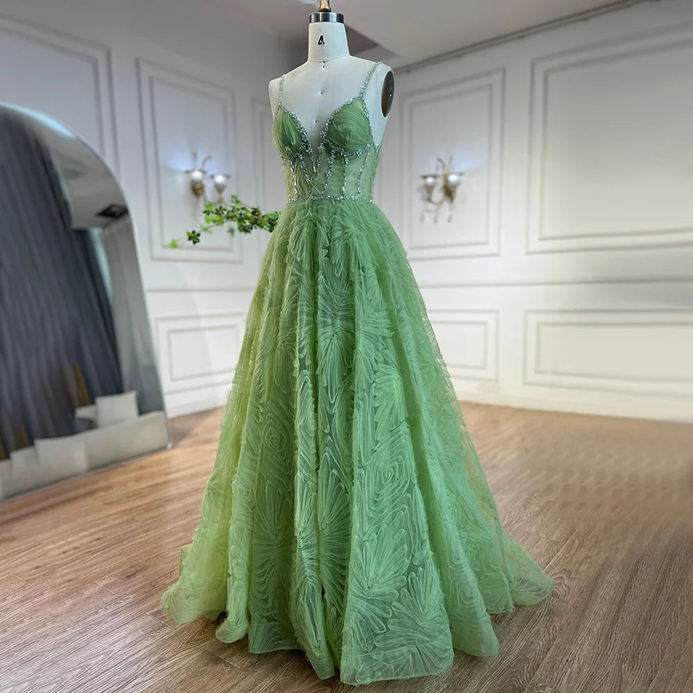 Sage Green A-Line Spaghetti Straps Simple Beaded Prom Dress CLA72636