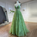 Sage Green A-Line Spaghetti Straps Simple Beaded Prom Dress CLA72636