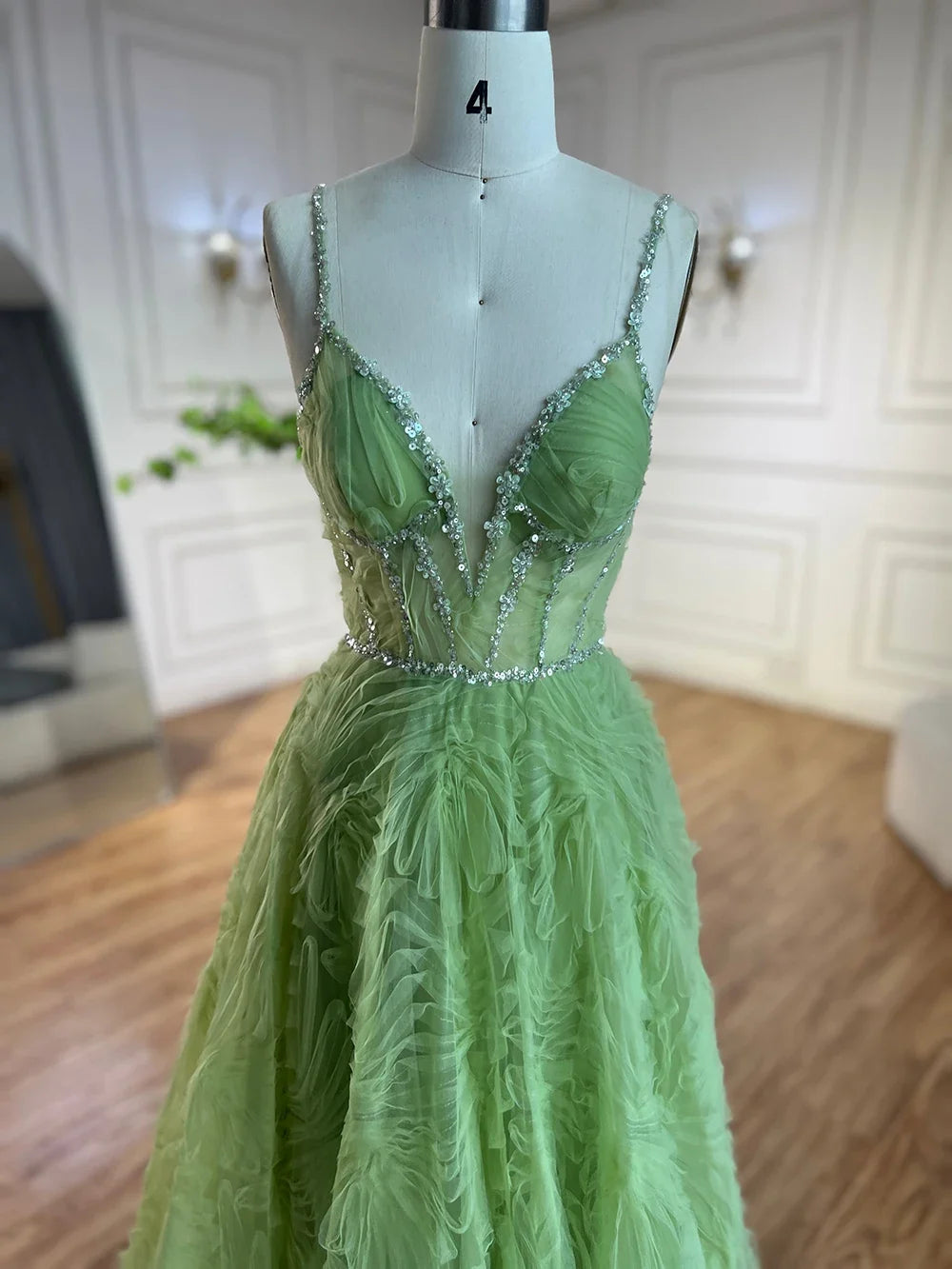 Sage Green A-Line Spaghetti Straps Simple Beaded Prom Dress CLA72636