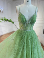 Sage Green A-Line Spaghetti Straps Simple Beaded Prom Dress CLA72636