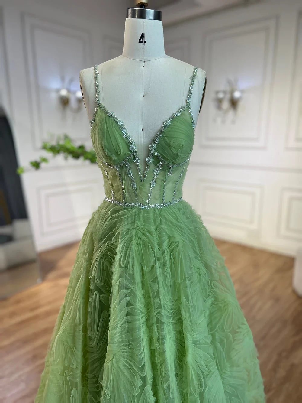 Sage Green A-Line Spaghetti Straps Simple Beaded Prom Dress CLA72636