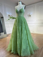 Sage Green A-Line Spaghetti Straps Simple Beaded Prom Dress CLA72636