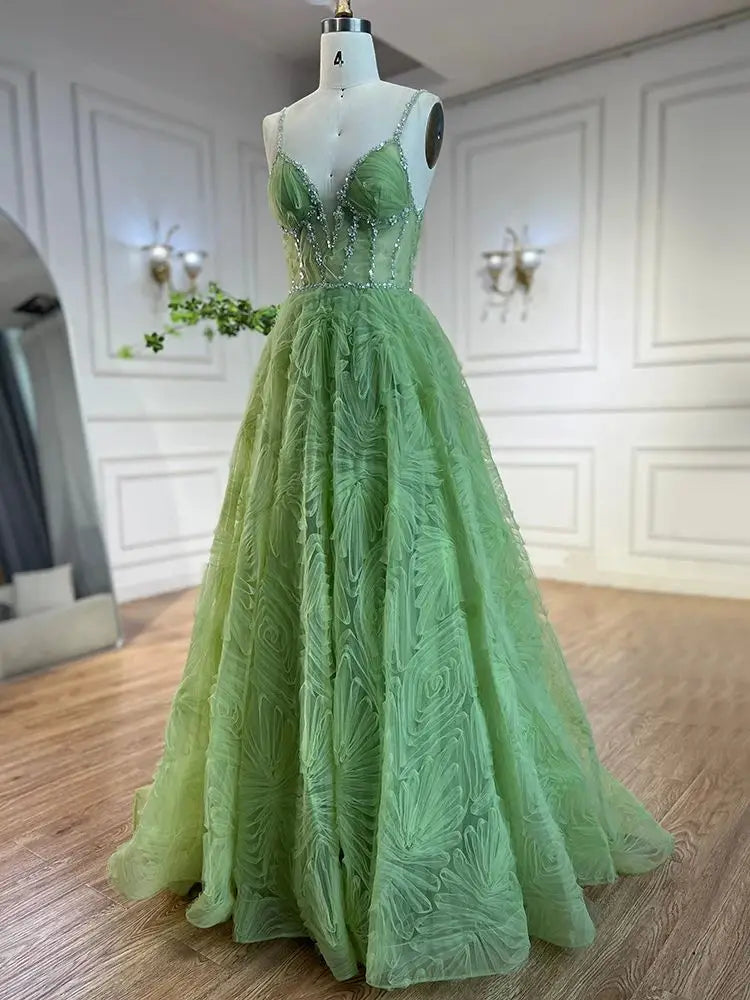 Sage Green A-Line Spaghetti Straps Simple Beaded Prom Dress CLA72636