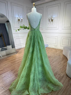 Sage Green A-Line Spaghetti Straps Simple Beaded Prom Dress CLA72636
