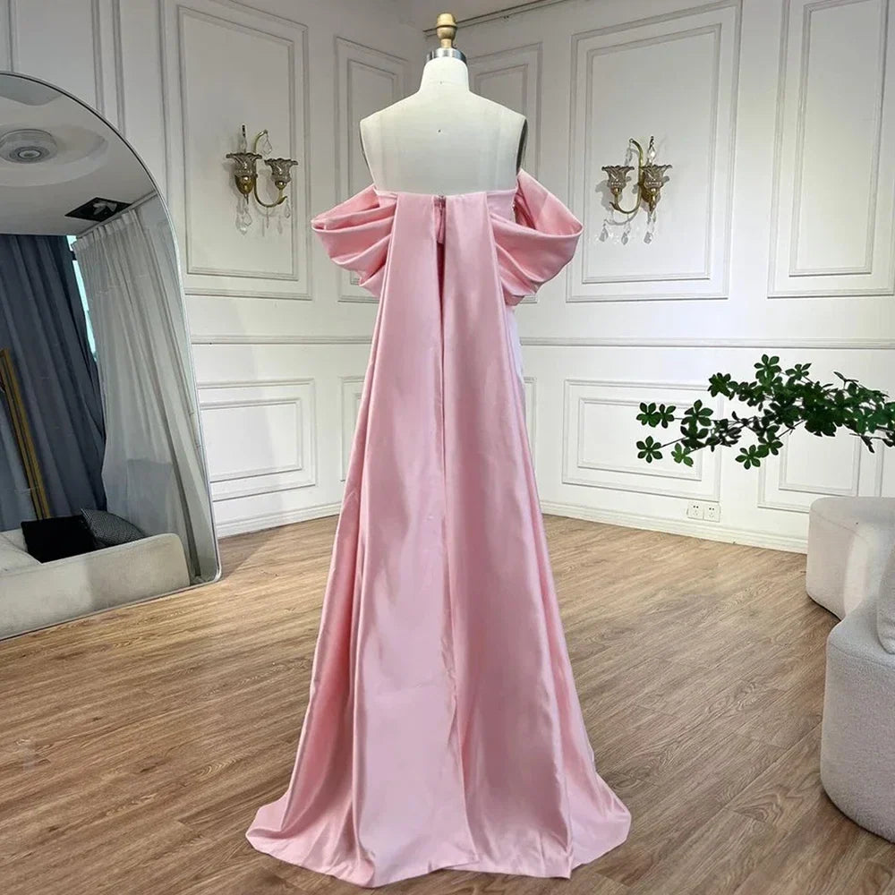 Luxury Baby Pink Off Shoulder Satin Simple Beaded Mermaid Evening Dress CLA72414
