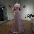 Luxury Baby Pink Off Shoulder Satin Simple Beaded Mermaid Evening Dress CLA72414