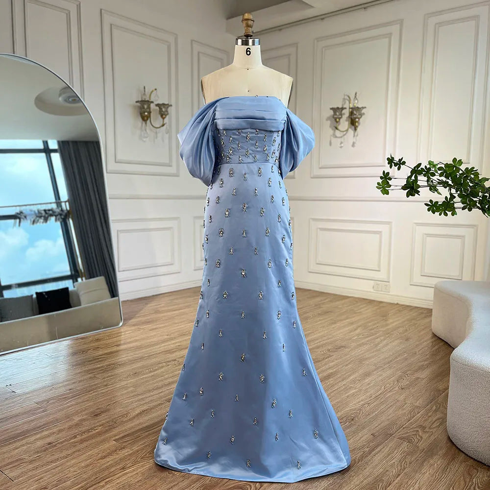 Luxury Baby Pink Off Shoulder Satin Simple Beaded Mermaid Evening Dress CLA72414
