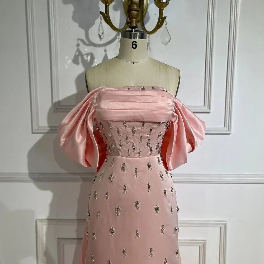 Luxury Baby Pink Off Shoulder Satin Simple Beaded Mermaid Evening Dress CLA72414