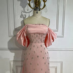 Luxury Baby Pink Off Shoulder Satin Simple Beaded Mermaid Evening Dress CLA72414